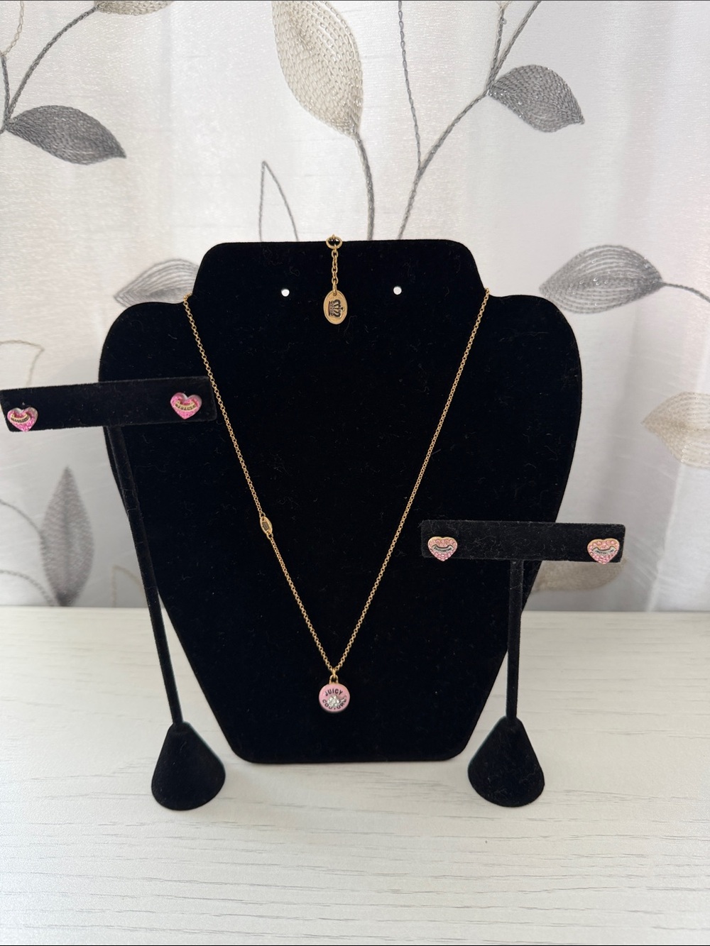 Juicy Couture Gold-Tone Necklace and 2 Heart Stud Earrings Set with Pink Enamel